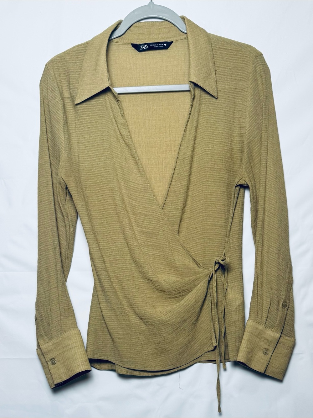 Zara Olive Green Wrap Tie Button-Cuff Women’s Chiffon Blouse, Sz M. Like New